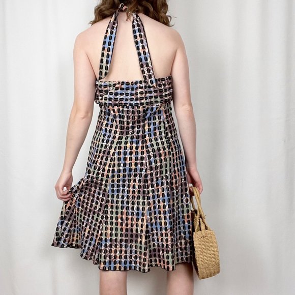 Vintage Multicolor Halter Knit Jersey A-Line Fit & Flare Mini Midi Summer Dress - Picture 3 of 8